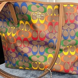 Coach pride rainbow and brown leather huge tote purse gently used and cared for